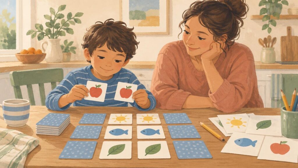 Warm gouache-style illustration of a child matching illustrated apple cards at a kitchen table while an adult watches supportively, with other paired sun, fish, and leaf cards spread nearby.